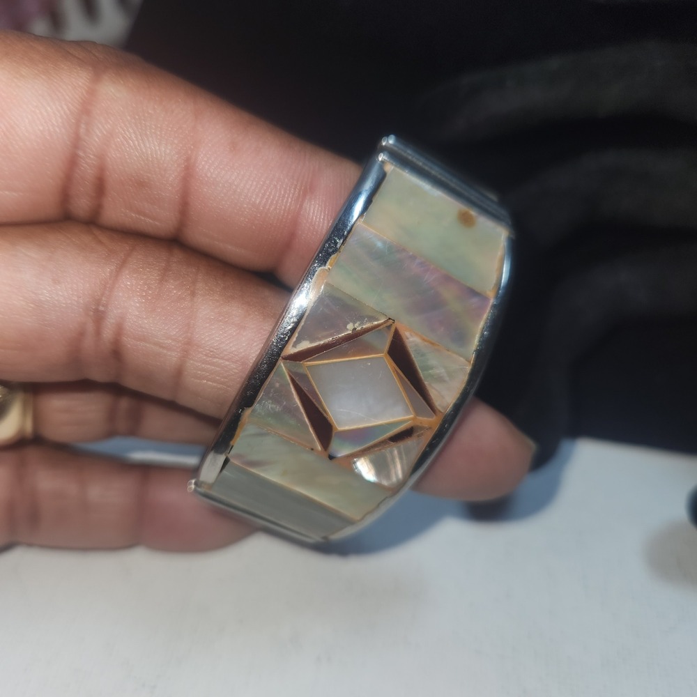 Vintage Mother of Pearl Inlay Cuff Bracelet Geometric Shell Mosaic‎ Philippines